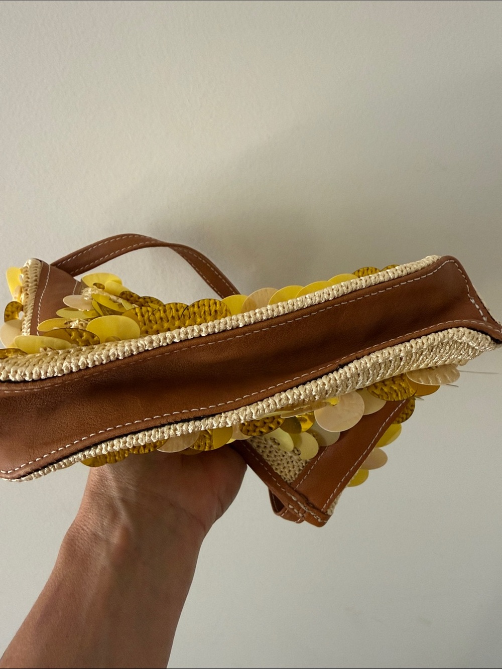 Petro Zillia Yellow Sequin Straw Hand Bag with Tan Trim - Picture 5 of 6
